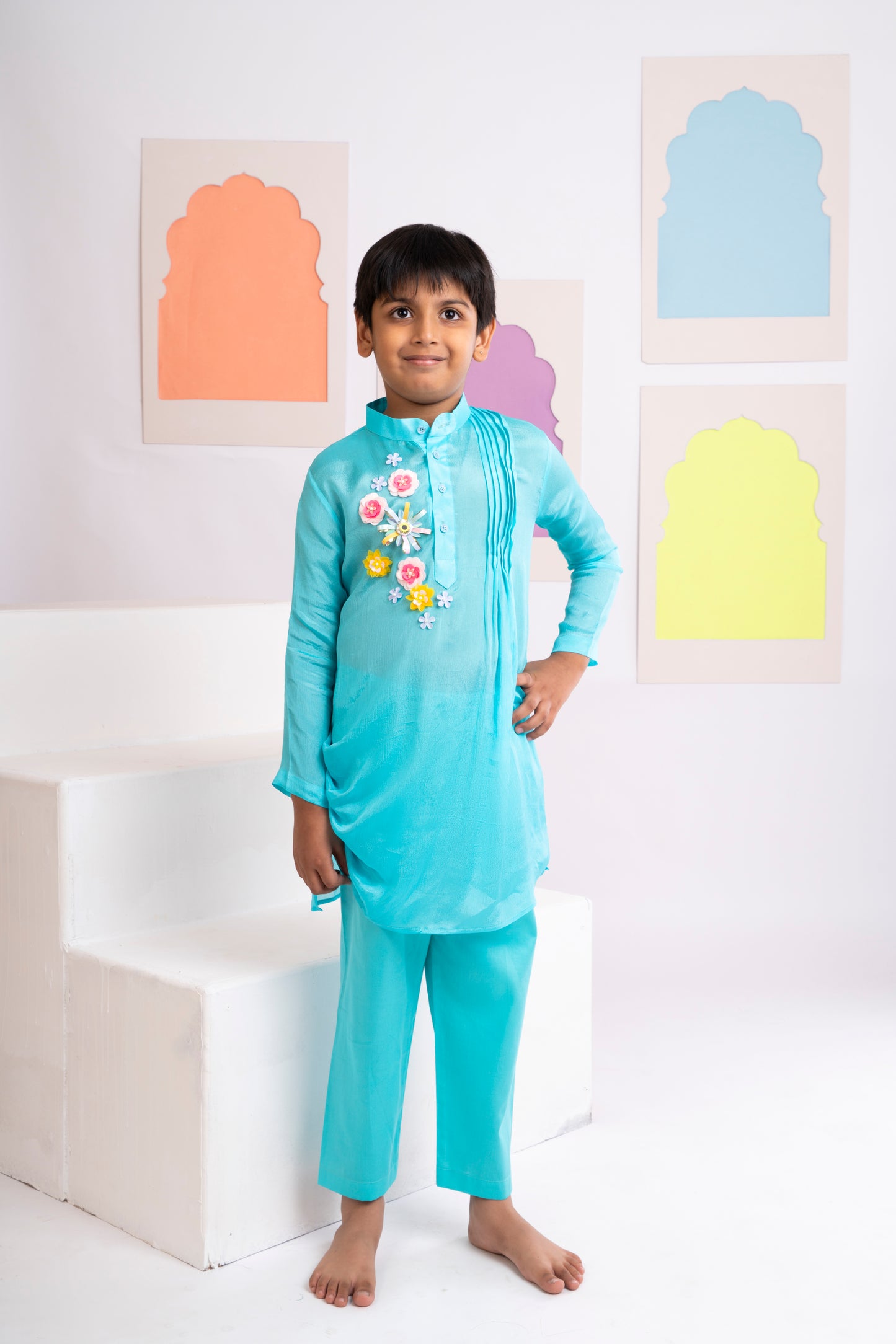 Floral Glaze Drape Kurta Set For Boys