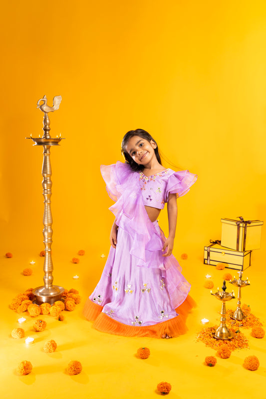 Lavender and Orange Lehnga Set